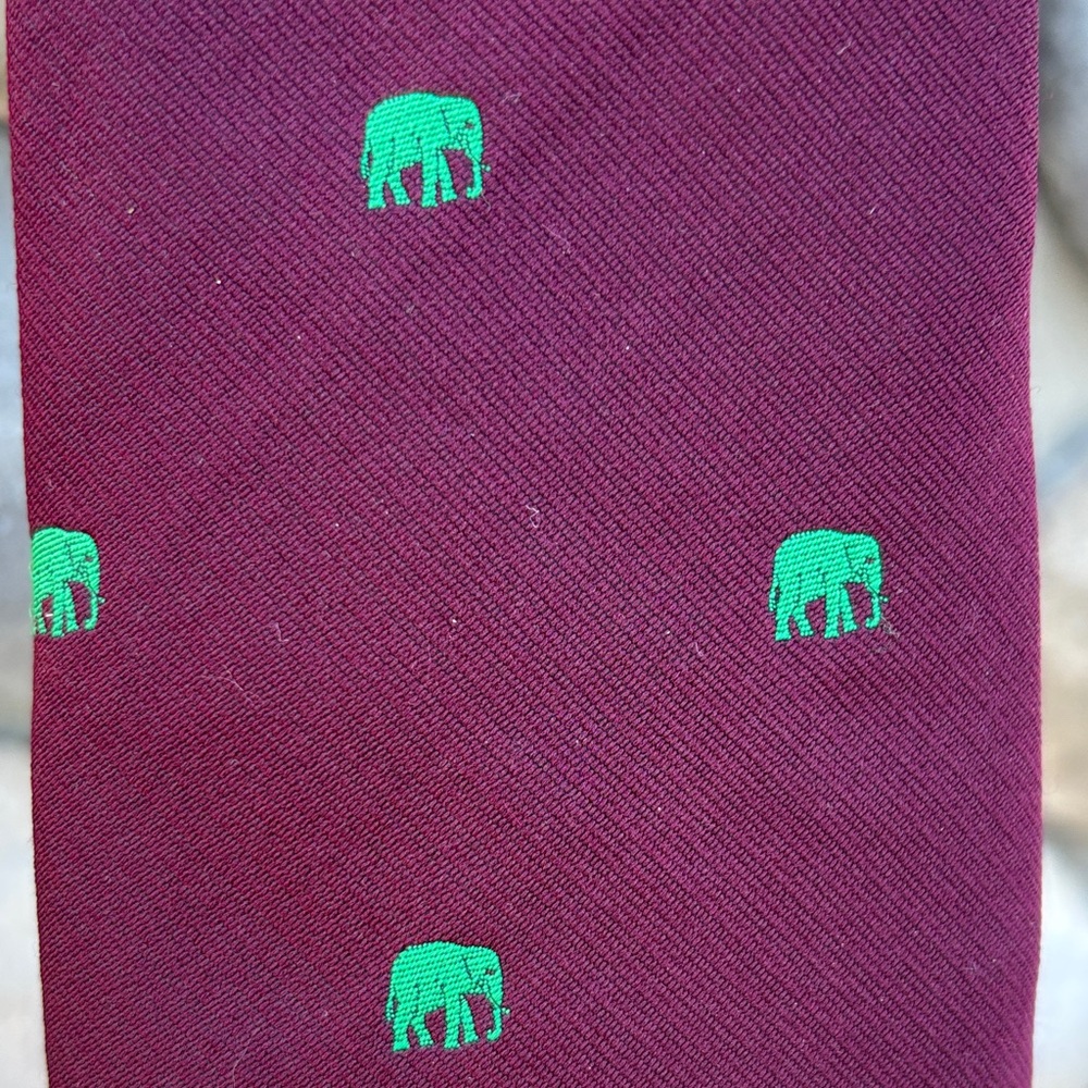 Vintage Burgundy Tie with Green Elephant Pattern